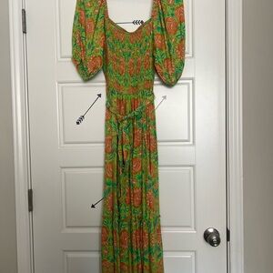 Versona Orange and Green Resort Maxi Dress with Bishop Sleeves